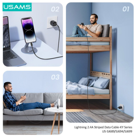 Câble USB vers lightning pour iPhone 2.4A (1m) Usams US-SJ689 KY Series Blanc